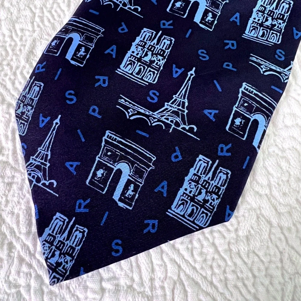 Paris Landmark Silk Tie OS Mens Navy Blue Eiffel Tower Arc De Triomphe Travel